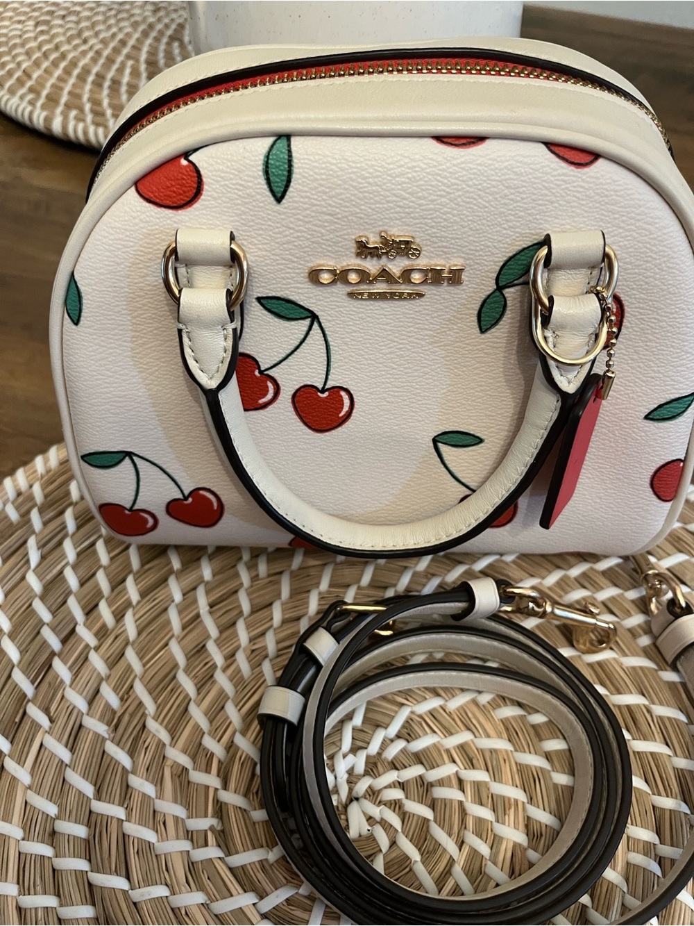 COACH Cream Mini Satchel with Red Cherry Print